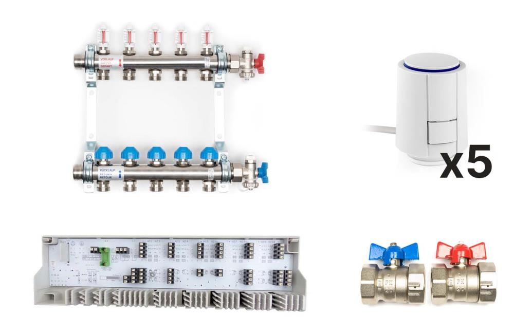 Dynamischer Heizkreisverteiler «Premium» mit automatischer Durchflussregelung im Komplett-Set, 5 Heizkreise Dynamischer Heizkreisverteiler «Premium» mit automatischer Durchflussregelung im Komplett-Set, 5 Heizkreise