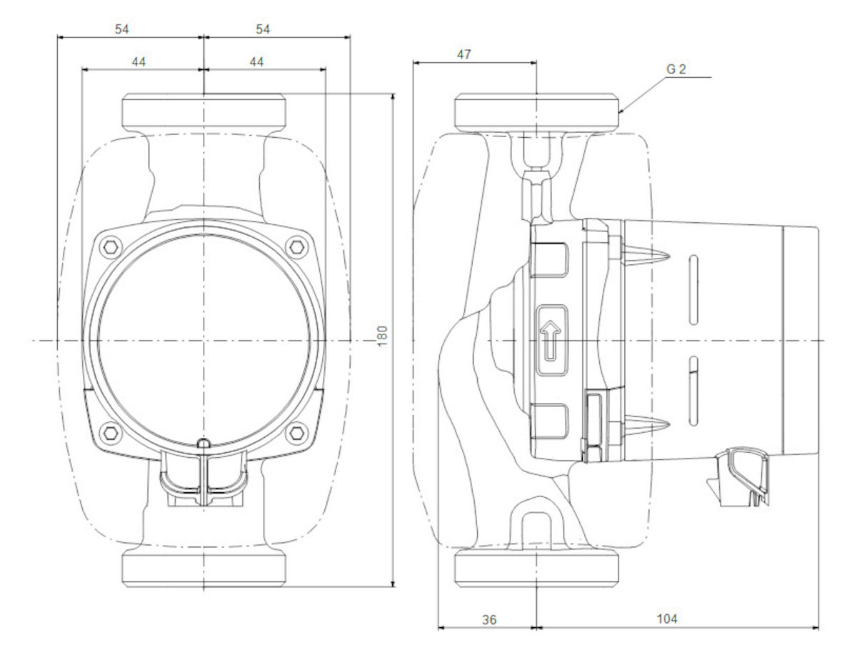 Grundfos ALPHA1 32-40, 180mm | Home Perfect Grundfos ALPHA1 32-40 180mm, technische Zeichnung, auf weißem Hintergrund