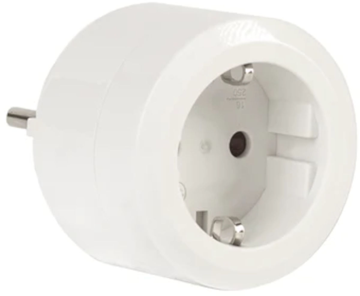 Smart Home Schaltsteckdose 16 A, Seitenansicht links, auf weißem Hintergrund