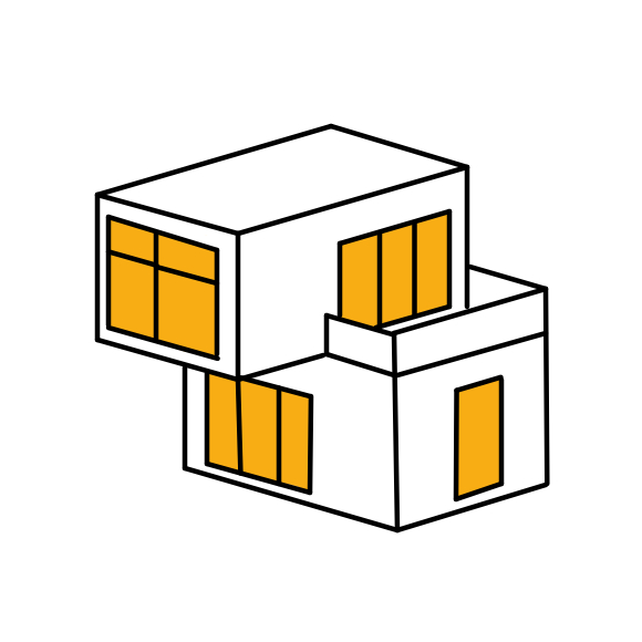 Illustration Flachdach vereinfachte Darstellung eines Hauses mit Flachdach in dem Licht brennt