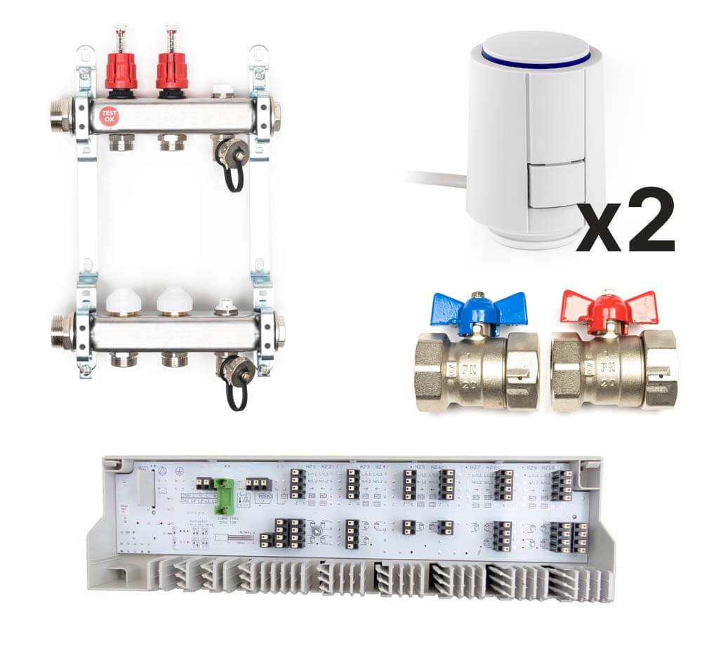 Edelstahl Heizkreisverteiler im Komplett-Set, 2 Heizkreise Edelstahl Heizkreisverteiler im Komplett-Set, 2 Heizkreise