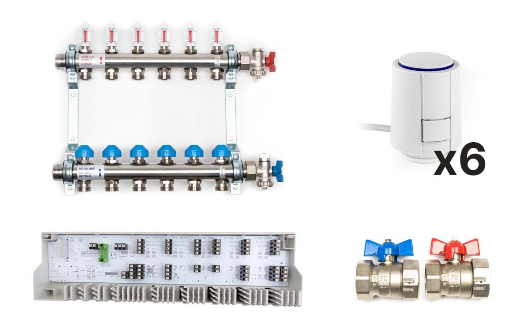 Dynamischer Heizkreisverteiler «Premium» mit automatischer Durchflussregelung im Komplett-Set, 6 Heizkreise Dynamischer Heizkreisverteiler «Premium» mit automatischer Durchflussregelung im Komplett-Set, 6 Heizkreise