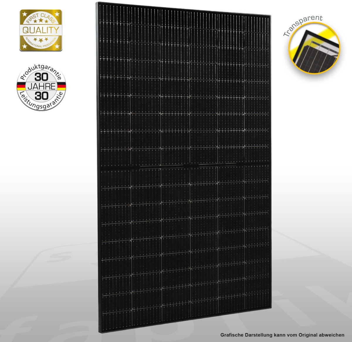 Solar-Modul Solar Fabrik Mono S4 IVP 425W, Schrägansicht, Qualitätssiegel, vor weißem Hintergrund