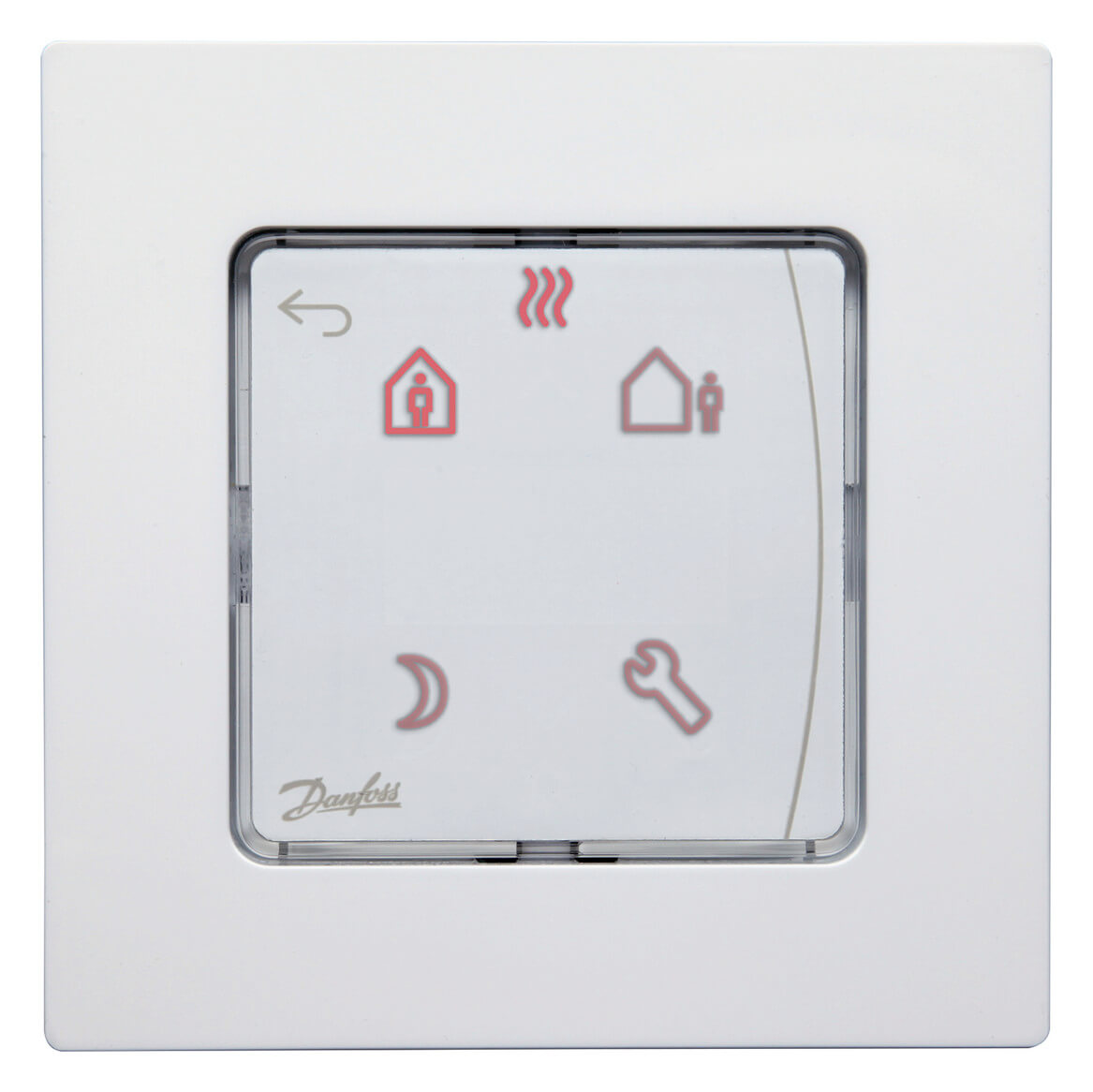 Regeltechnik-Danfoss-Raumthermostat-Icon-230-V-Unterputz-programmierbar Quadratisches programmierbares Raumthermostat aus weißem Kunststoffgehäuse mit Display in der Mitte