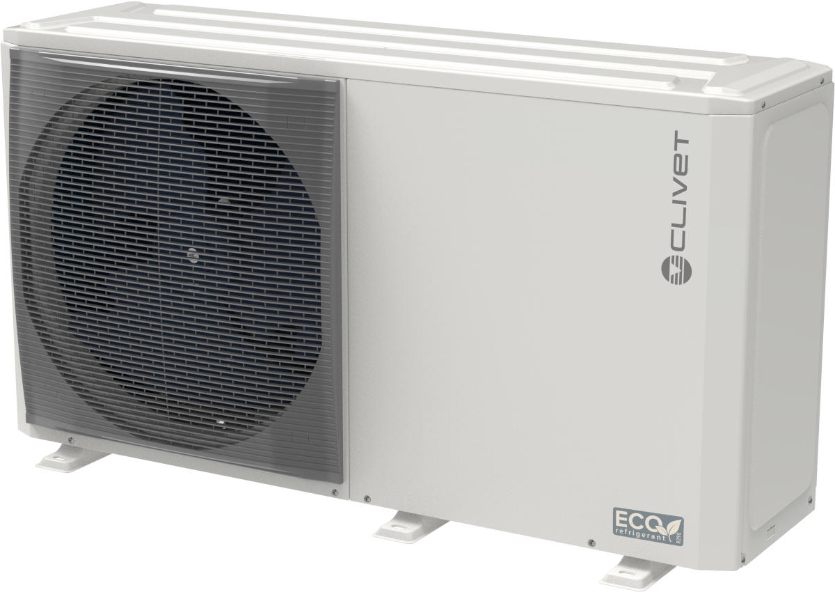 Clivet MONOBlock-Wärmepumpe Edge F 8.1, 15,00 kW, R290, Seitenansicht, vor weißem Hintergrund
