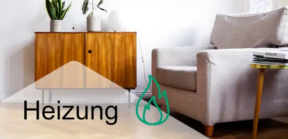 Wohnzimmer mit Laminat und Schriftzug Heizung