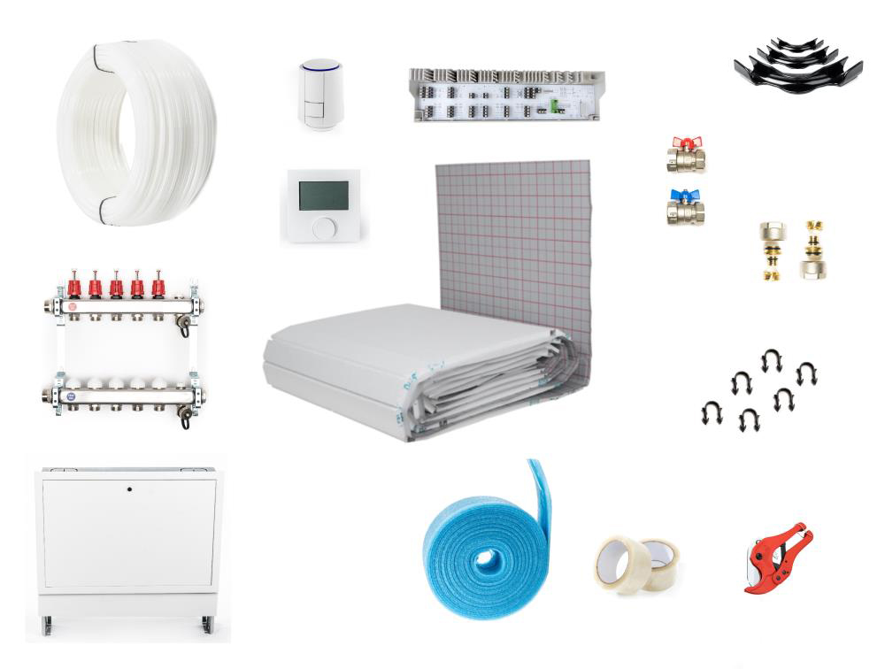 10-130 m² Tackersystem Fußbodenheizung Set – Multidämmrolle 20-2 WLG045 – PE-RT 17×2 – VA 10 – mit Regeltechnik