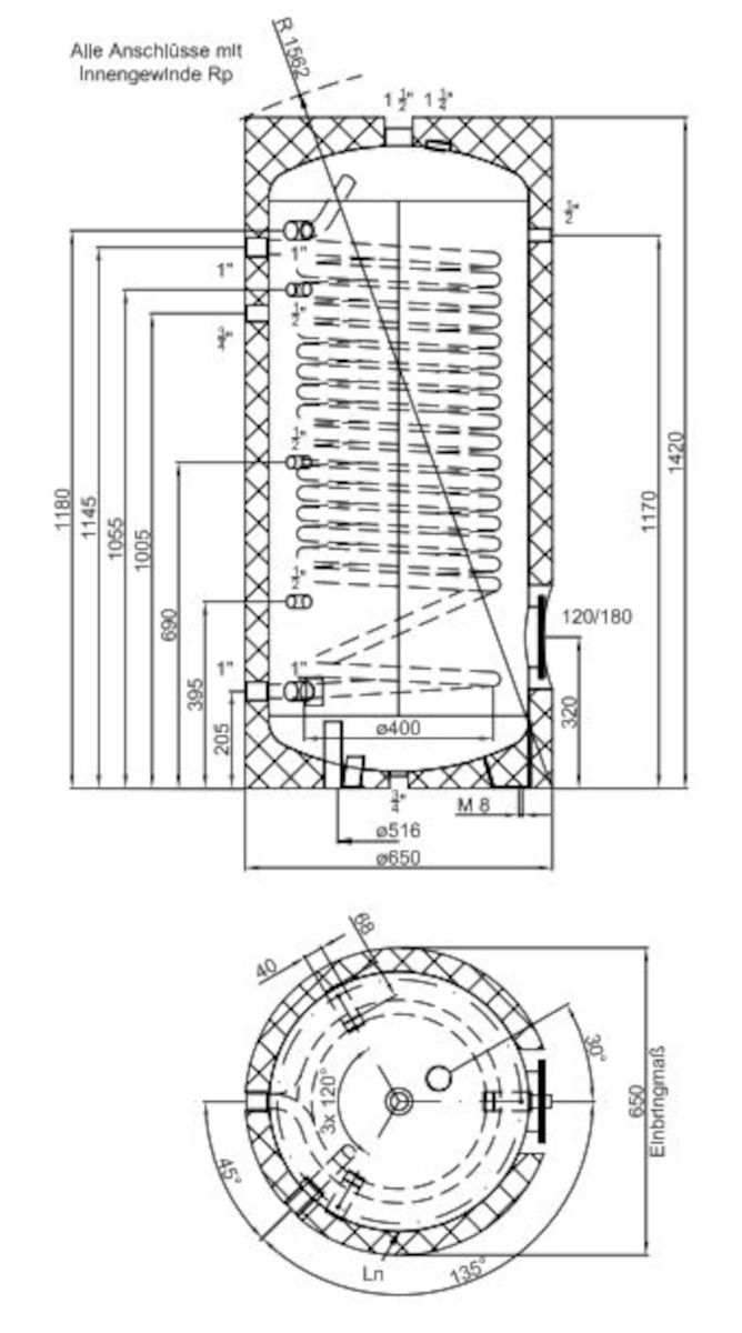 Fujitsu Wärmepumpen-Set, R32, 150 - 170 m², Trinkwasserspeicher Masszeichnung
